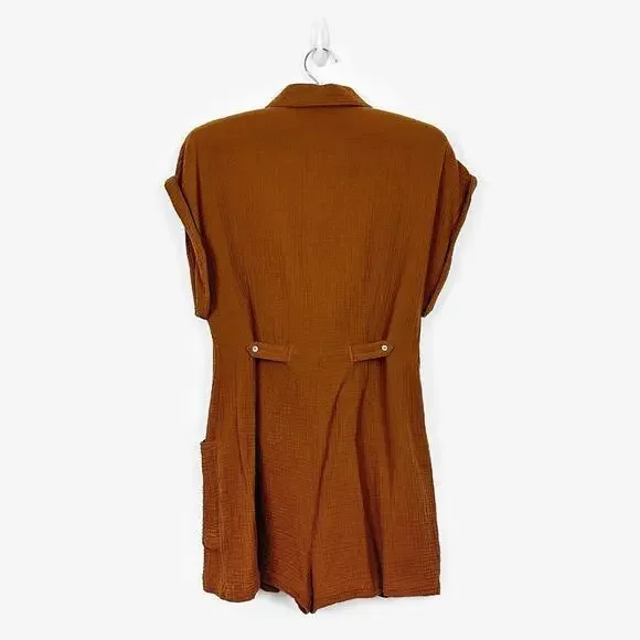 L*SPACE Mika Romper Size S Brown Gauze Cotton Button Front Pockets Revolve - Picture 4 of 4